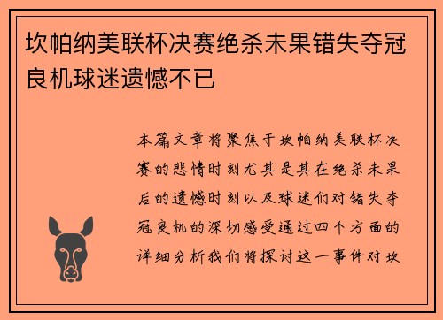坎帕纳美联杯决赛绝杀未果错失夺冠良机球迷遗憾不已