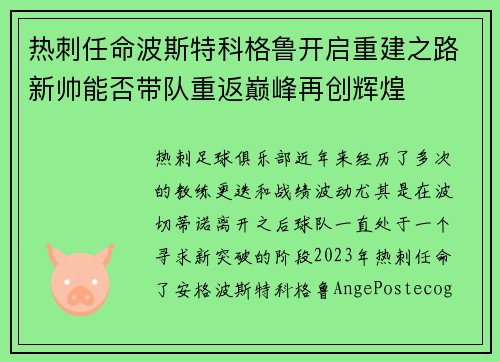 热刺任命波斯特科格鲁开启重建之路新帅能否带队重返巅峰再创辉煌 热刺任命波斯特科格鲁开启重建之路新帅能否带队重返巅峰再创辉煌