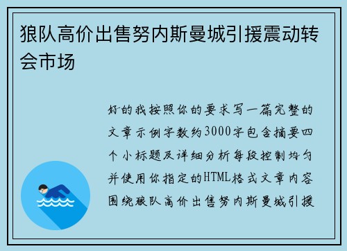 狼队高价出售努内斯曼城引援震动转会市场
